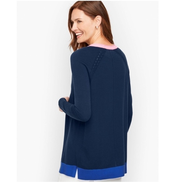 TALBOTS Girlfriend Cardigan Tipped Blue Pink Preppy Classic Size Small Petite - Picture 4 of 12